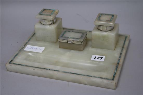 A George V onyx and silver mounted desk set, George Betjemann & Sons, London, 1918, width 27cm